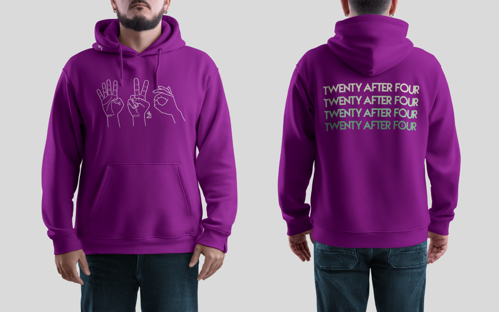 White (purple hoodie)